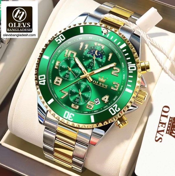 "The Original Olevs Luxury 2926 model chronograph watch for men, featuring a green and gold design in a stylish box."