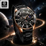 Olevs 2990 men’s chronograph wristwatches in silver, black, and rose gold variations with luminous dial and metallic bands