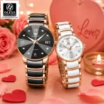 Olevs 7114 Couple Watch set with silver and rose gold options, featuring quartz movement and steel ceramic bracelets