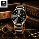 Olevs 7114 Men Watch with black dial, rose gold accents, and steel ceramic bracelet