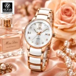 Olevs 7114 Women Watch with silver dial, rose gold accents, and steel ceramic bracelet